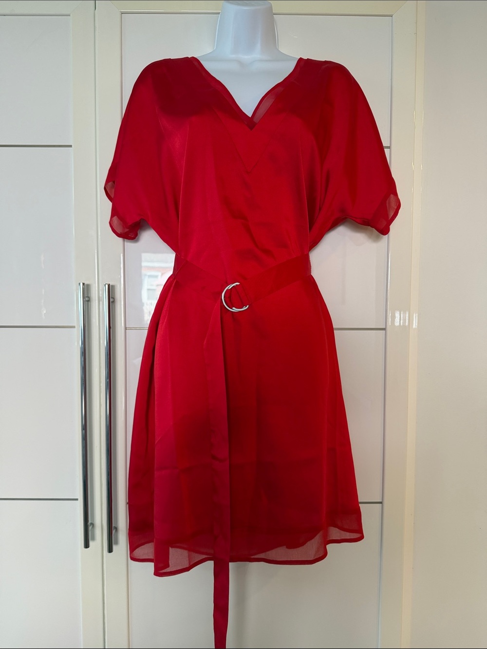 DKNY Red V-Neck Mini Dress with D-Ring Waist